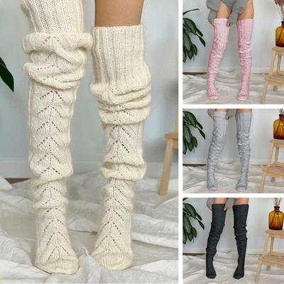 1 Pair Knitted Socks Solid Color Hollow Design Over The Knee Socks Breathable Comfortable High-Top Design Autumn Winter Socks