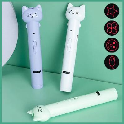 1pc Funny Pet Cat Pen Laser Multifunction USB Multi-pattern Projection Three-in-one Laser Toy Feather Stick Animal Toys