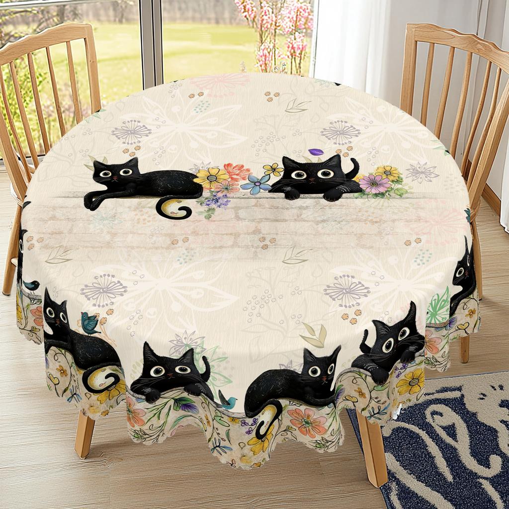 1 Piece Spring Round And Rectangular Tablecloth, Available In Various Sizes, Decorative Tablecloth With Elegant Cat Print Pattern Design, Courtyard Ta