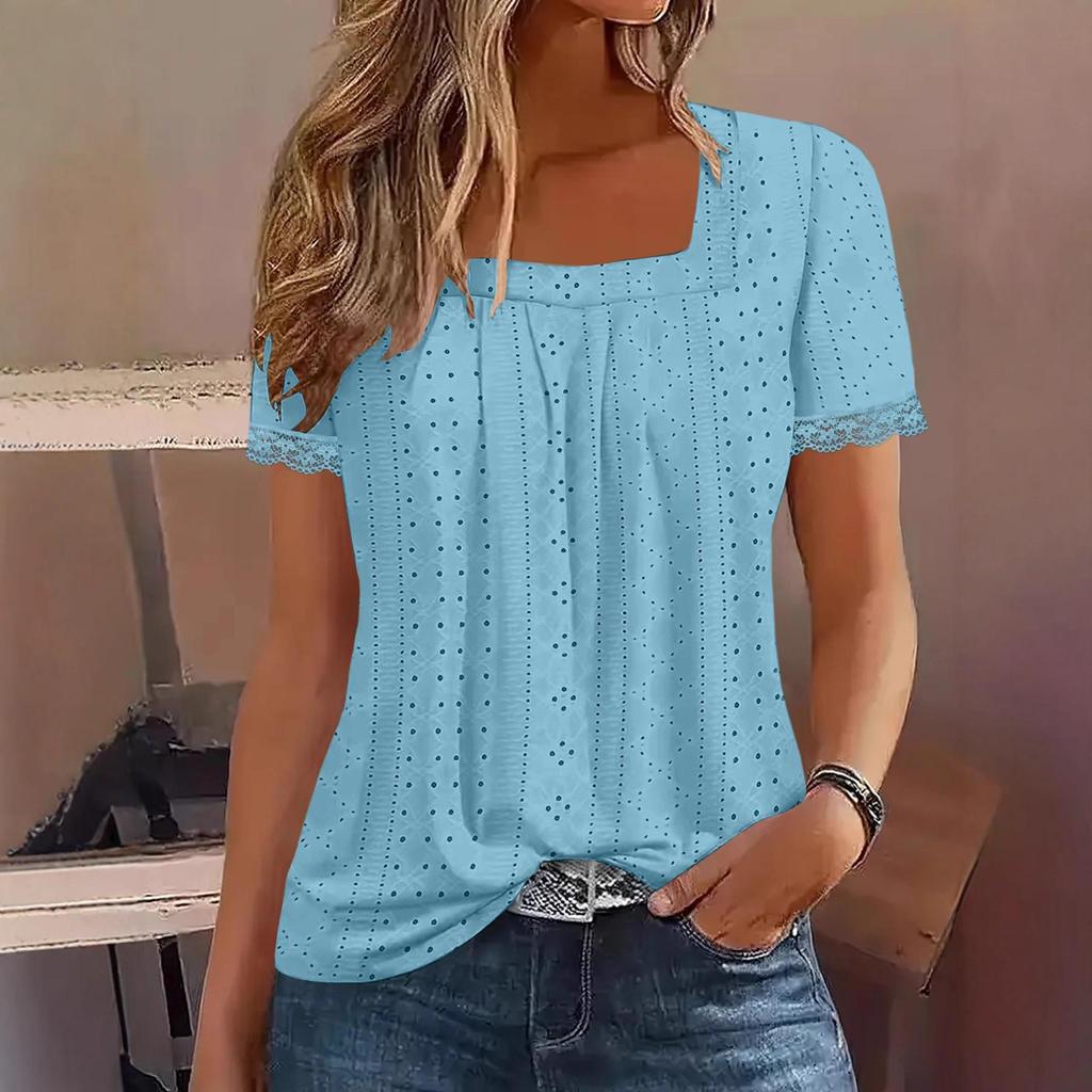 2025 Summer European & American Square Neck Eyelet Jacquard Short Sleeve Women's Top