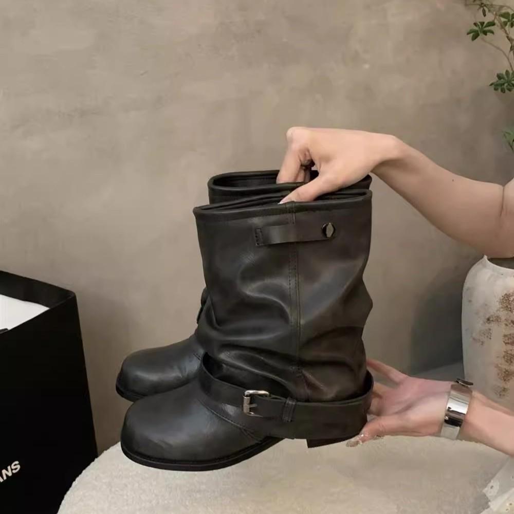 Leather Western Cowboy Boots Women's 2025 Autumn New Pleated Stacking Boots Black Short Boots Retro Thick Heel Knight Boots