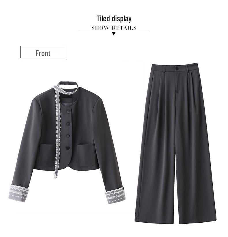 2025 Spring Lace Patchwork Jacket & Wide-Leg Pants Set