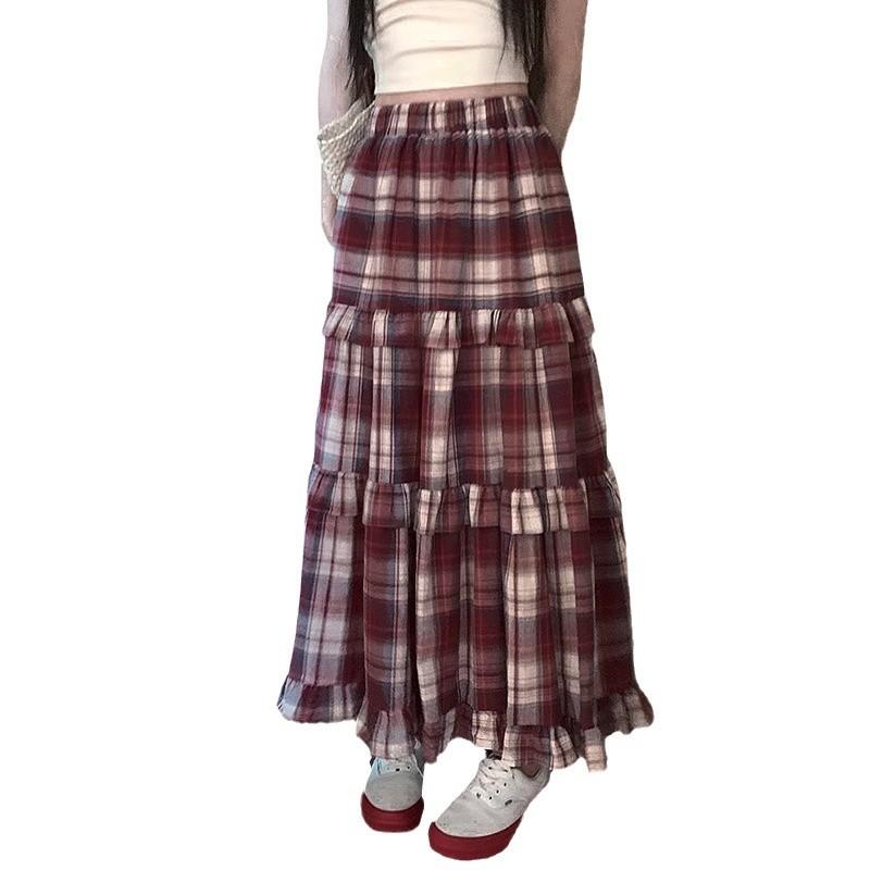 Women's Plaid Print Patchwork Elastic Waist Loose Casual Long Skirt