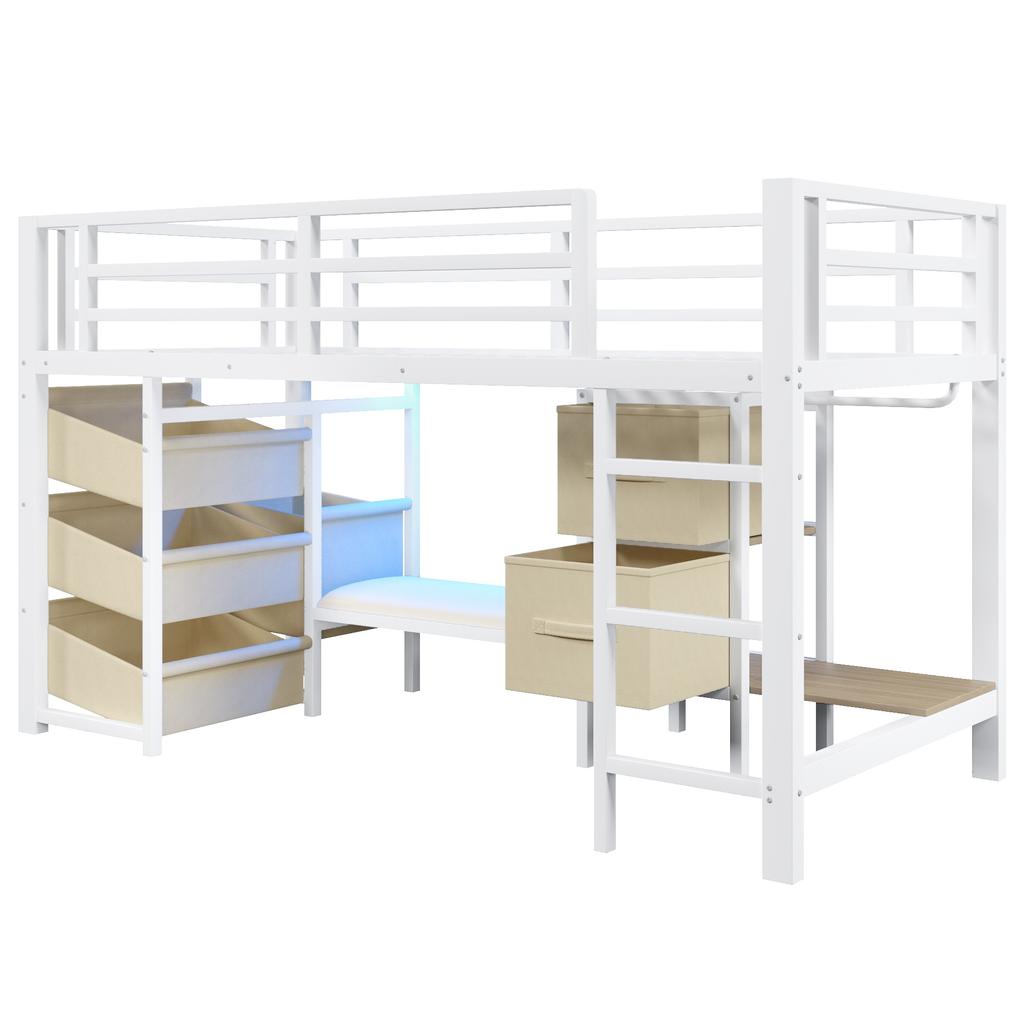 90*200 cm, halbhohes Bett, Sitzkissen, Stoff-Stauraumschublade, Aufbewahrungstasche, mehrfarbige LED-Beleuchtung, Kleiderhaken, Metall, ohne Matratze, weiß
