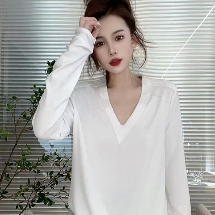 

Хлопковая футболка с V-образным вырезом и длинным рукавом для ношения под низ женская весенне-осенняя, от интернет-знаменитостей, зарубежная, универсальная, свободная и стройнящая, топ-футболка 2XL белый