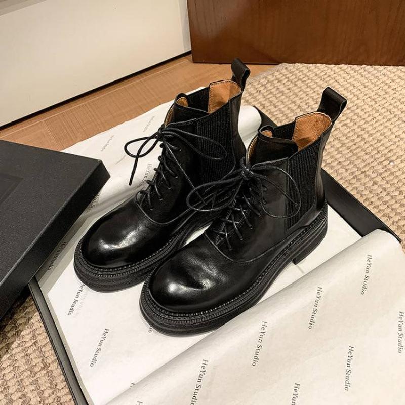 

New women s leather boots medium heel large size women s boots lace-up medium heel leather Martin boots autumn and winter cowhide low boots women 40 чёрный