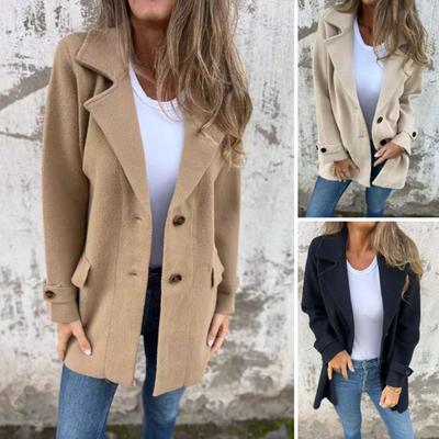 Fall Winter Women Jacket Turn-down Collar Mid Length Single-breasted Solid Color Fake Pockets