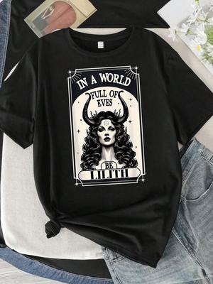 Damen T-Shirt mit Charakter- und Buchstabenmuster, Rundhalsausschnitt, Übergröße, Kurzarm, Trendiger Druck, Elastisches Halbarm-T-Shirt