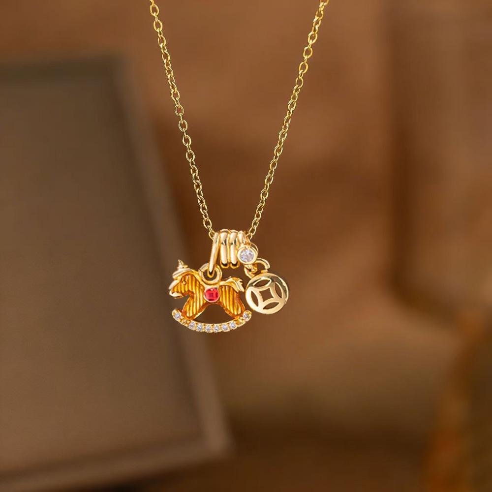 Cute Exquisite Enamel Rocking Horse Donut Pendant Necklace for Women Gold Color Stainless Steel Collar Chain Jewelry Accessories