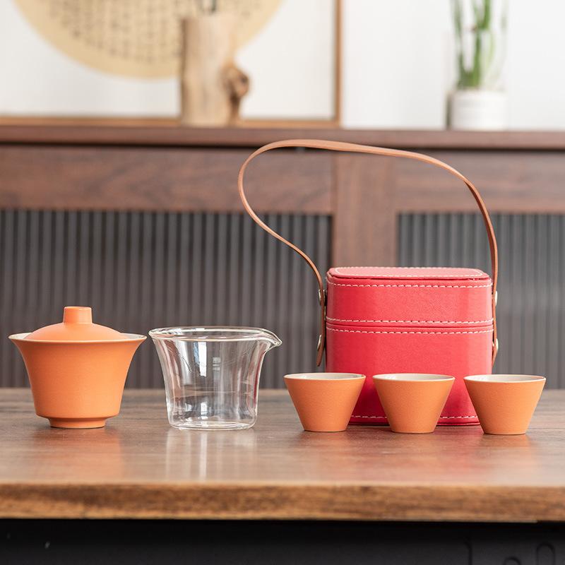 Light Luxury Travel Tea Set Cover Bowl Kuaike Three Cups Outdoor Portable Handbag High-end Ceramic Glass Tea Maker Gift