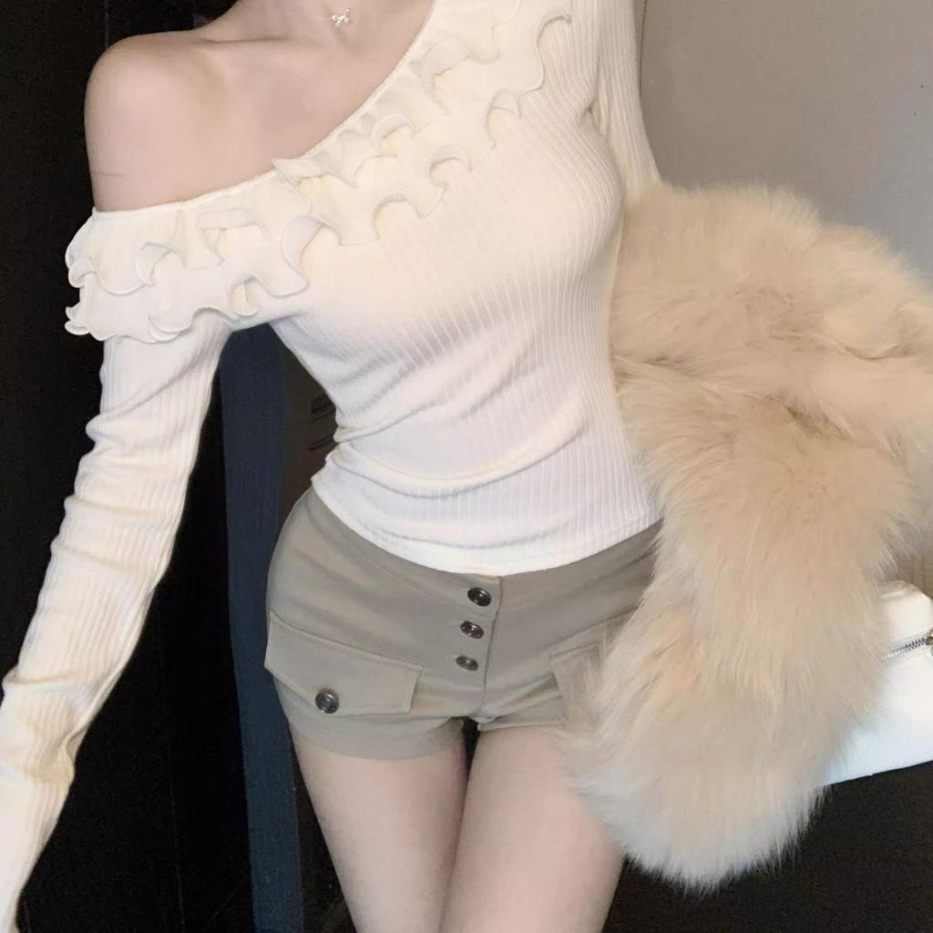2025 Pure Desire One-Shoulder Patchwork Long-Sleeve Slim-Fit Women's Top - Autumn/Winter Style