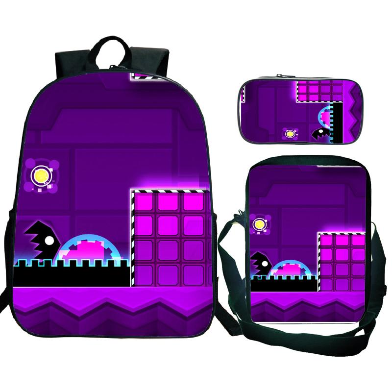 Angry Geometry Dash Backpack 3pcs School Bag Waterproof Student Girls Boys Children Mochila with Pen Bag