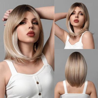 Peruca curta reta marrom loira ombre peruca sintética bob com franja cosplay festa diária cabelo natural para mulheres resistente ao calor