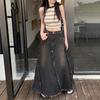 Women's Black Denim A-Line Midi Skirt with Raw Hem for Spring/Autumn 2025