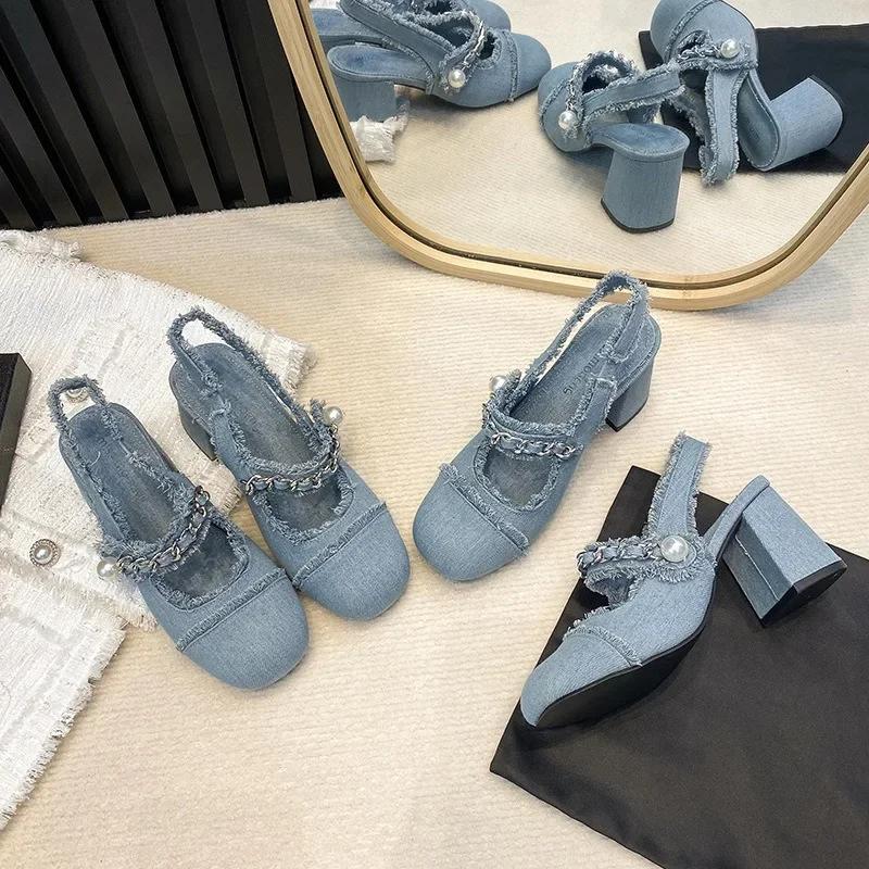 Fashion 2024 Women Summer 7cm High Heels Shoes Sandals Lady Bling Mules Slingback Silver Pumps Female Denim Sandals Bridal Quality Shoes