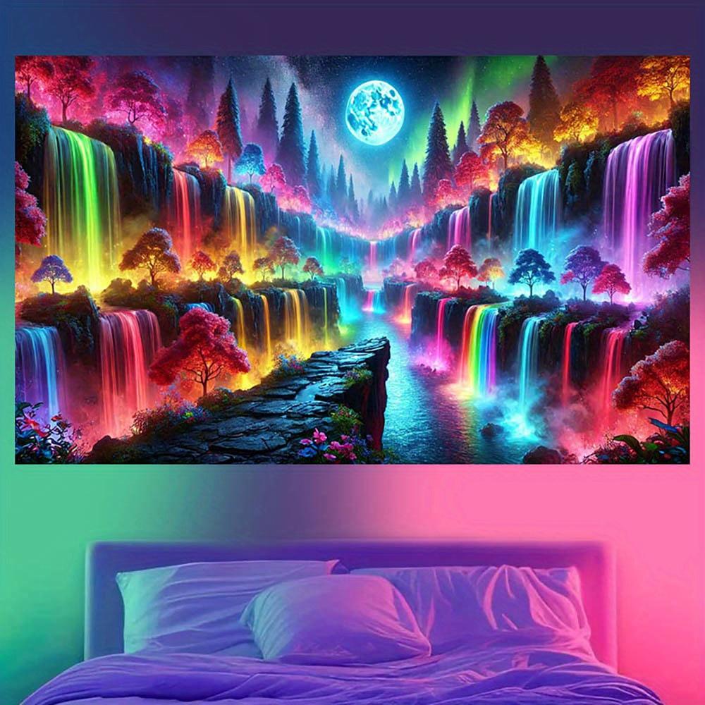 VIKAMA Cyber Fantasy Neon Rainbow Waterfall Moonnight Landscape Tapestry Bedhead Esports Room Wall Decoration Tapestry 74x94cm(29x37in)