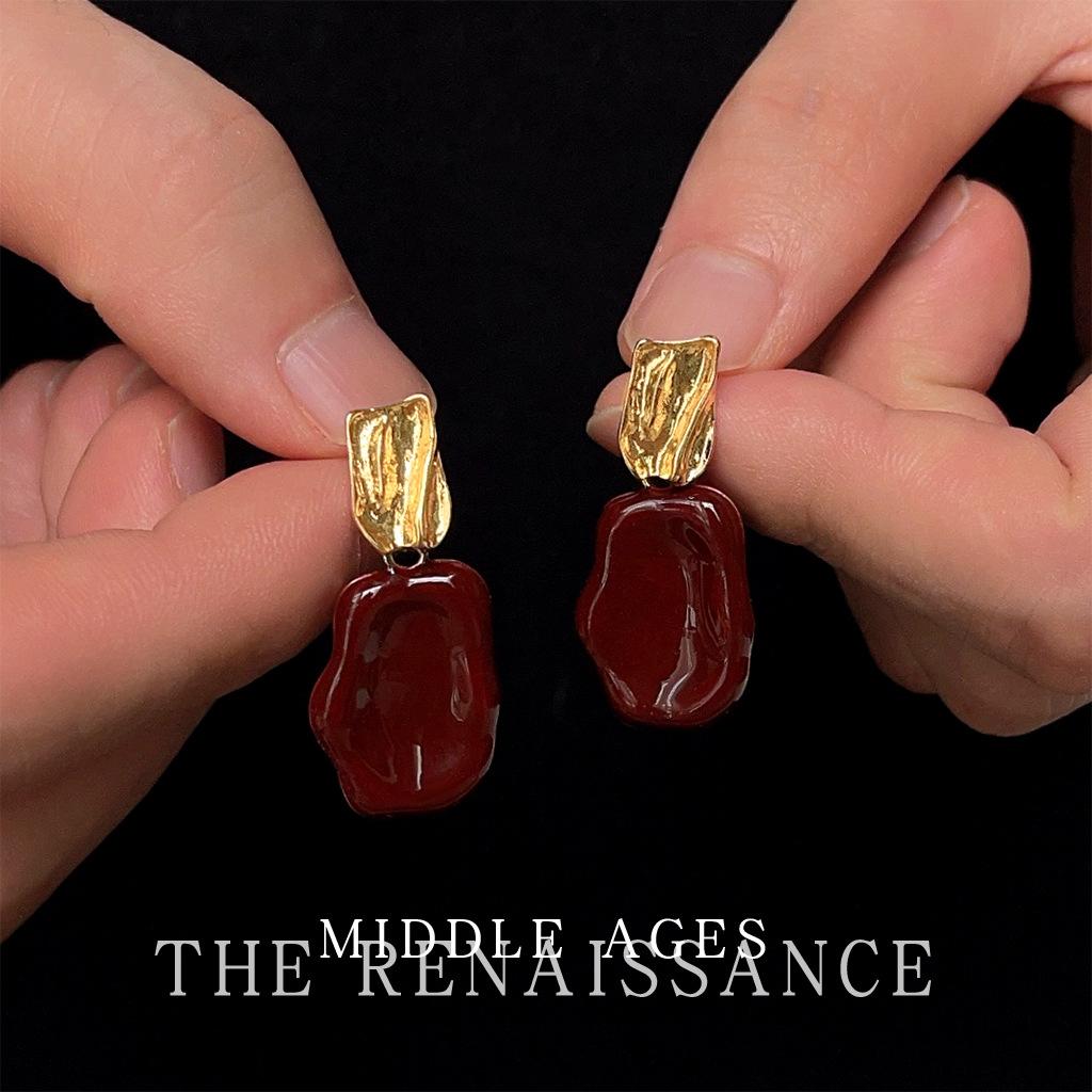 Средневековые серьги с бордовой глазурью в стиле Гонконга, ретро, нерегулярные серьги-пусеты с серебряной иглой