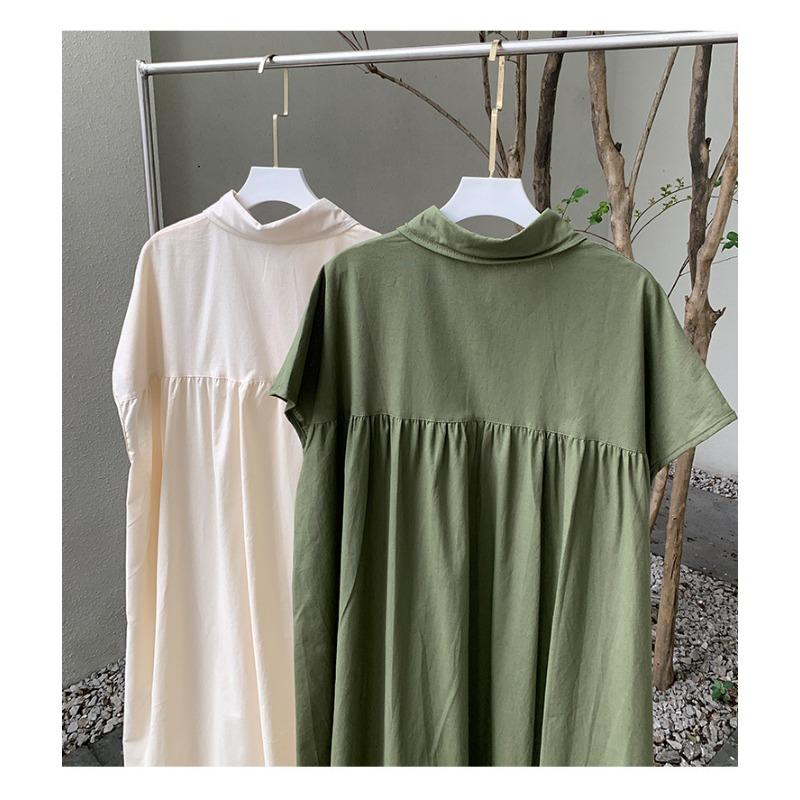 Skirt Short Sleeve Hemp Dress Women Loose Lapel Casual Shirt Dress