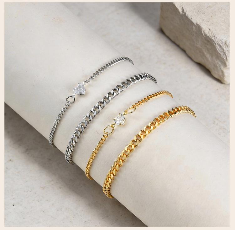 2Pcs Matching Couple Bracelets Set for Couple, Cuban Link Chain Heart Cubic Zirconia, Adjustable Stainless Steel Tarnish-Free