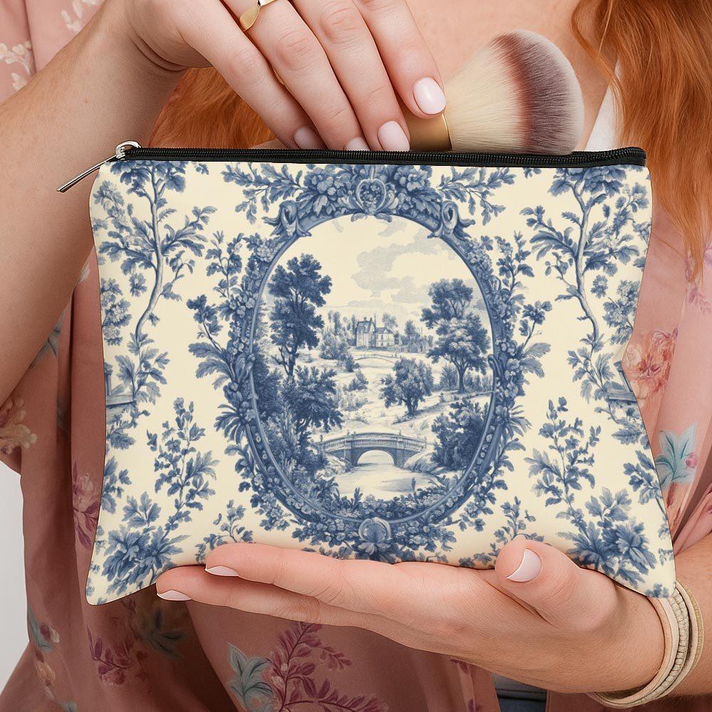 1 stuks Franse Toile Blauwe Print Make-uptas Pastorale Landschap Toiletartikelen Organizer Ritsluiting Lichtgewicht Reizen Make-up Pouch