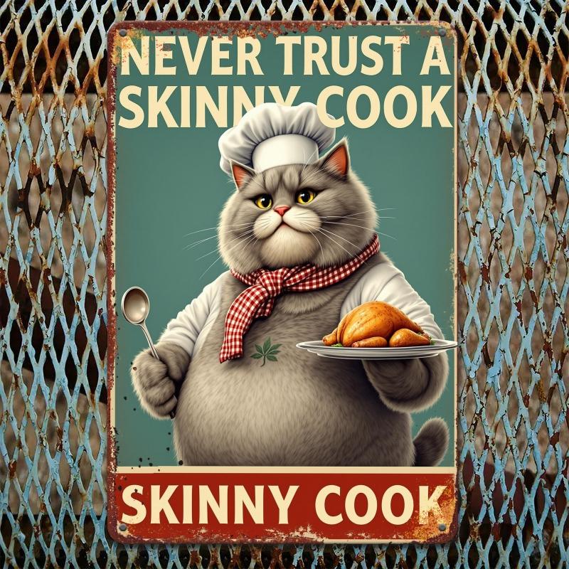 Vintage-Style Tin Sign "Never Trust a Slimy Chef" Rustic Metal Wall Art with Chef Cat Illustration, Metal Wall Art Decor