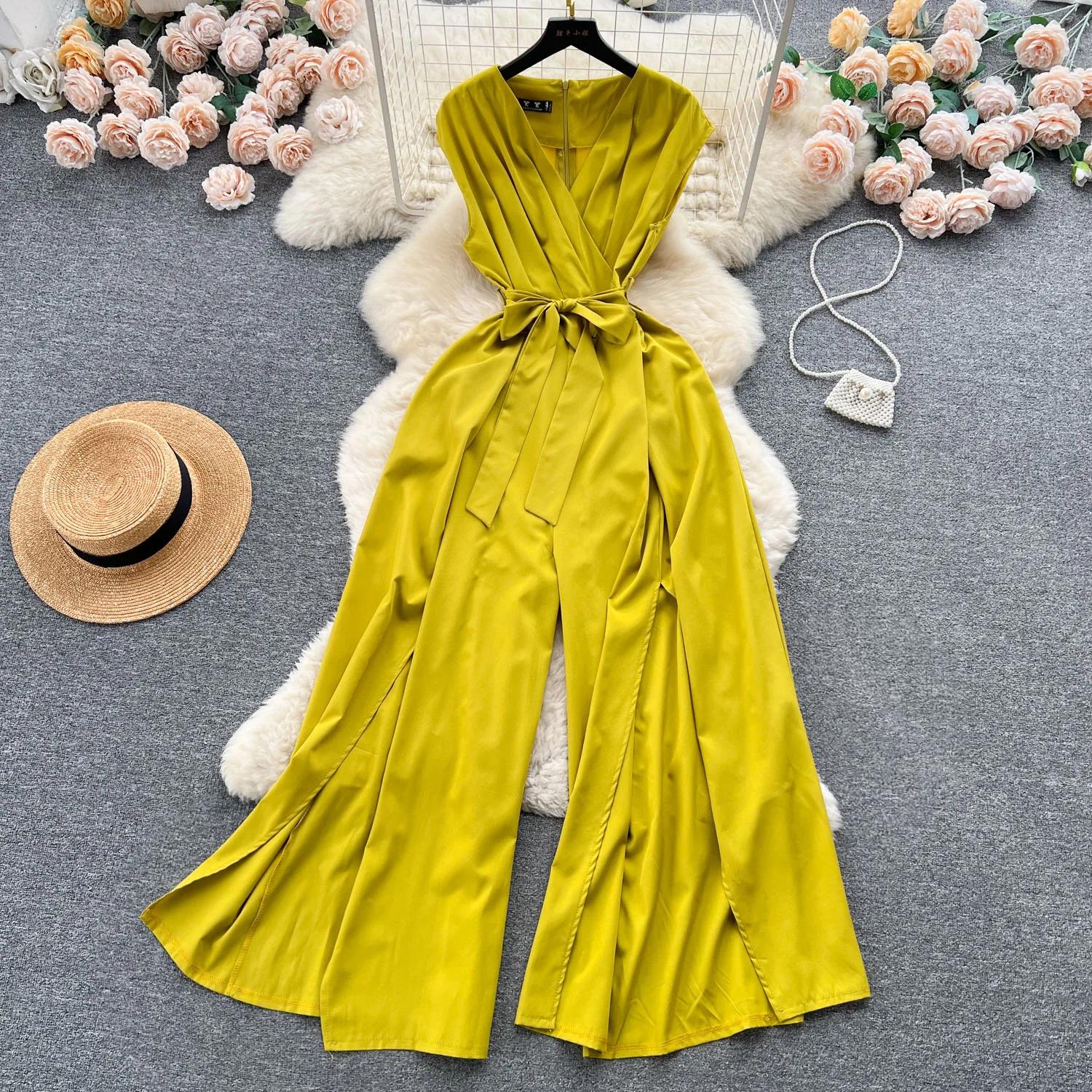 

Летний женский комбинезон Vintgae с широкими штанинами, женский элегантный v-образный вырез без рукавов с высокой талией, тонкий повседневный бандажный комбинезон, новая мода One Size жёлтый