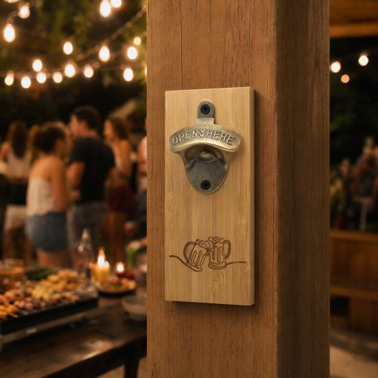 Bamboo Magnetic Bottle Opener, Wall Mount Beer Cap Catcher with Strong Magnet, Rustic Wood Fridge Opener for Home Bar
