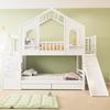 Children's Bunk Bed 90 X 200 Cm, House-Shaped with Curved Windows, with Storage Ladder and Slide, Drawers, Double Bed, White