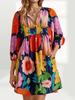 Women's Boho Floral Babydoll Dress V Neck Puff Sleeve Loose Summer Dress with Pockets