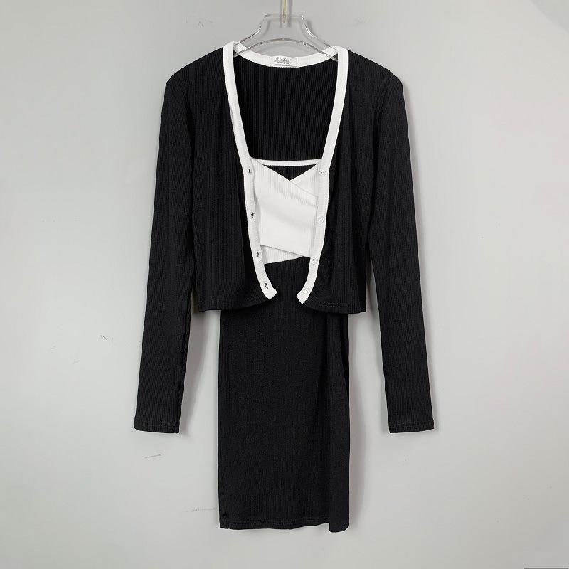 Korean Slim Color Block Strappy Dress & Cardigan Set for Women