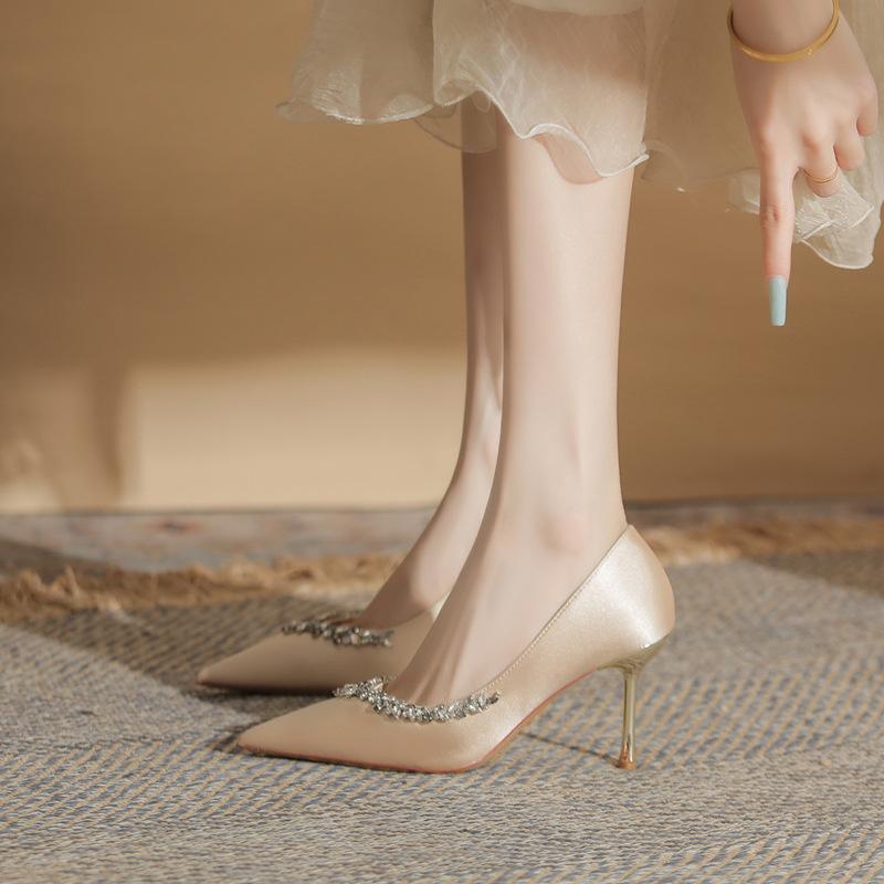 Sheepskin version~ satin wedding shoes shallow mouth high heels women's 2025 new spring and autumn fine heel pointed single shoes women