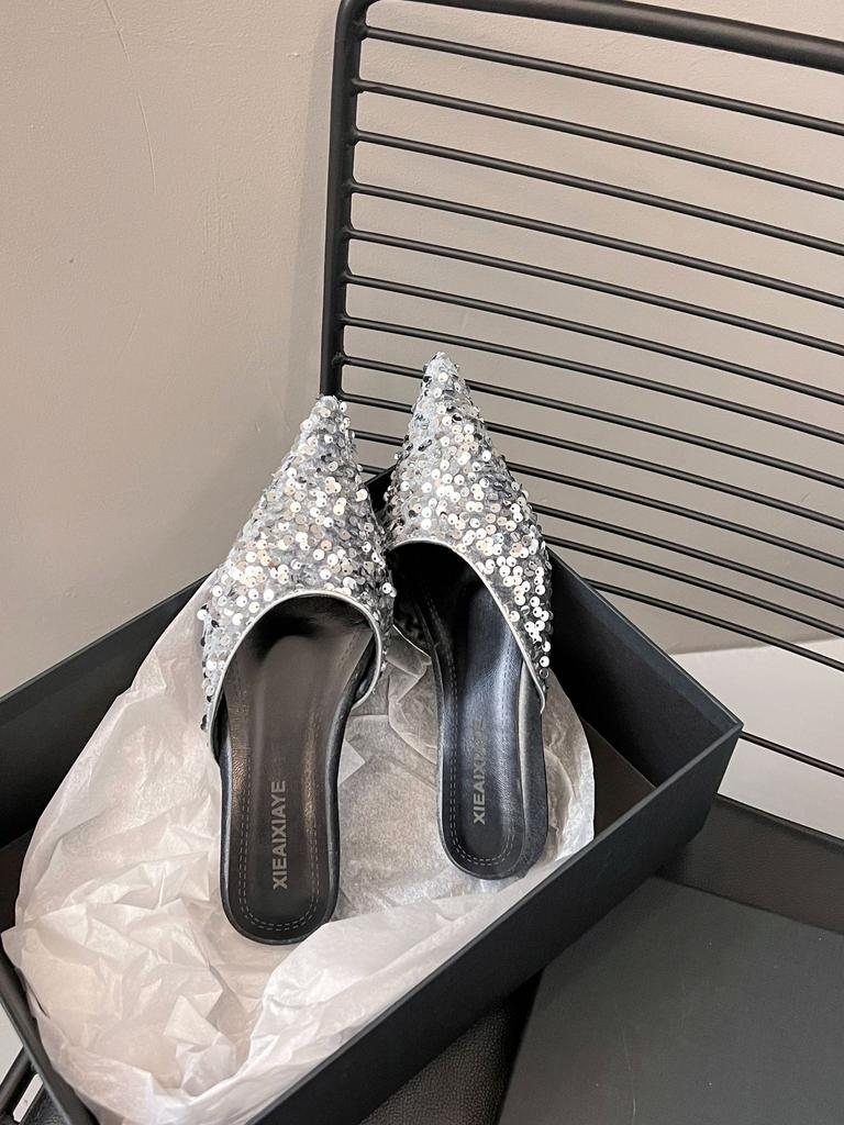 Baotou Slippers Women's 2025 Spring and Summer New Outer Wear Sandals Pointed Sequins Flat-bottomed Lazy Half Slippers