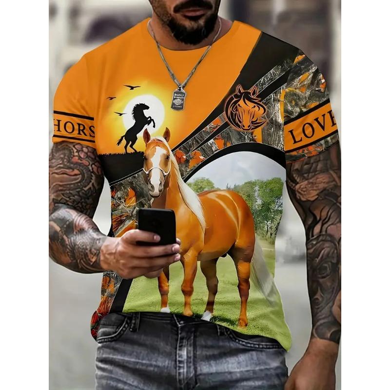 Black White Horse Graphic 3d Full Print T-shirt For Men Fashion Short Sleeve Crew Neck Tshirt Casual Summer Oversized Top
