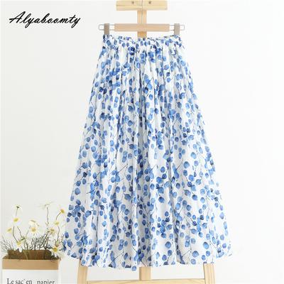 Korean Fashion Frühjahr Sommer Frauen Blau Drucken Rock Hohe Taille Beiläufige Lose A-linie Rock Elegante Feminine Damen Chic Baumwolle Leinen Röcke