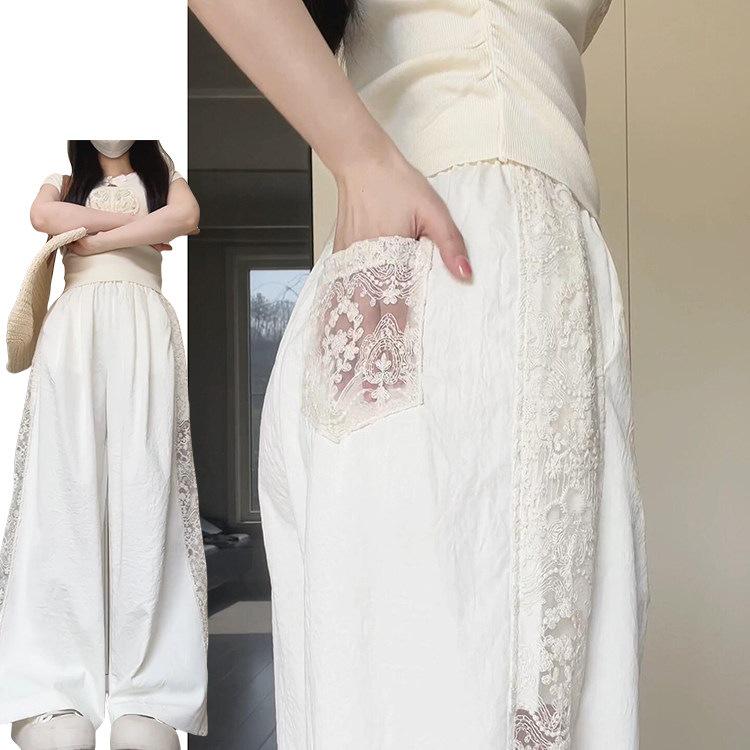 

Women s High Waist White Lace Trim Hollow Out Casual Pants - Spring/Summer 2026: Slimming Loose Wide-Leg Design S (80-95 jin)