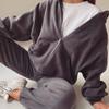 Women Solid Color Long Sleeve Hooded V Neck Hoodies Suit Autumn Winter Loose Top Wide Leg Pants