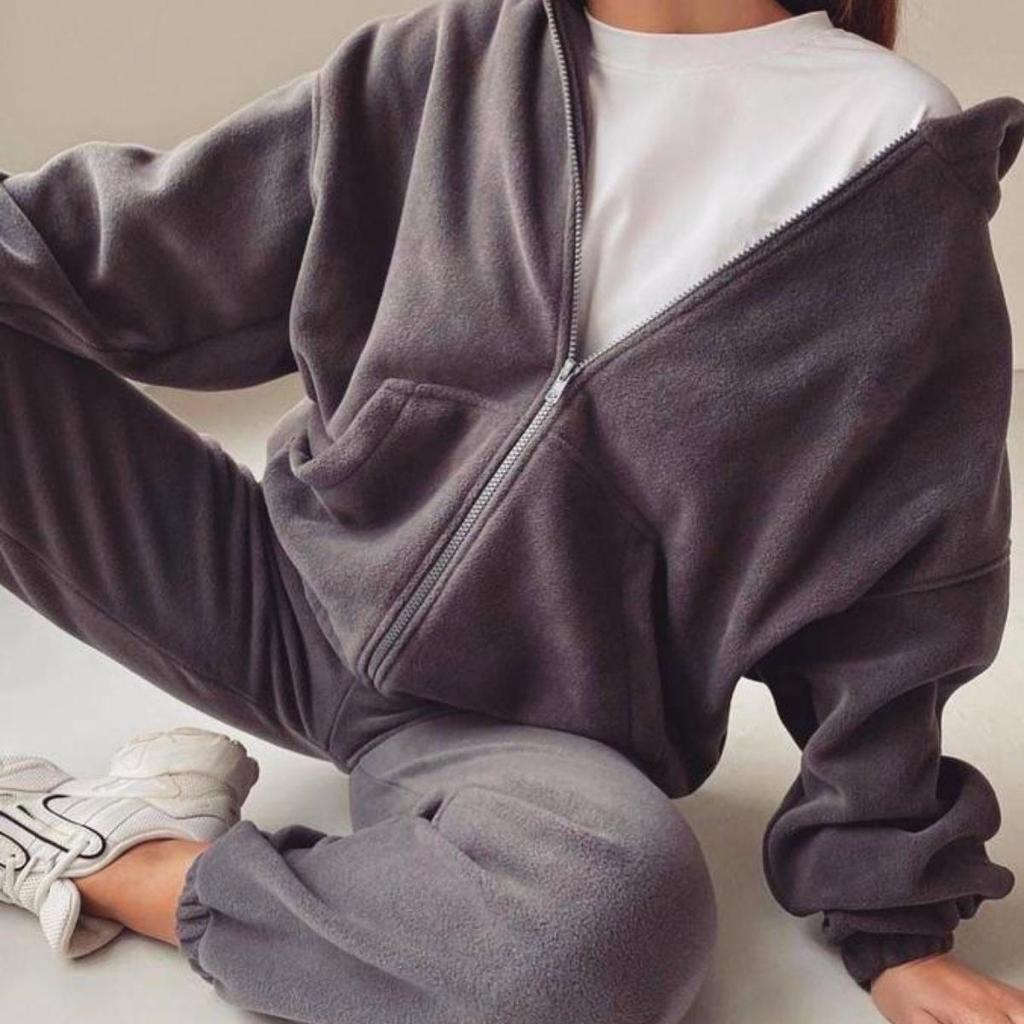 Women Solid Color Long Sleeve Hooded V Neck Hoodies Suit Autumn Winter Loose Top Wide Leg Pants