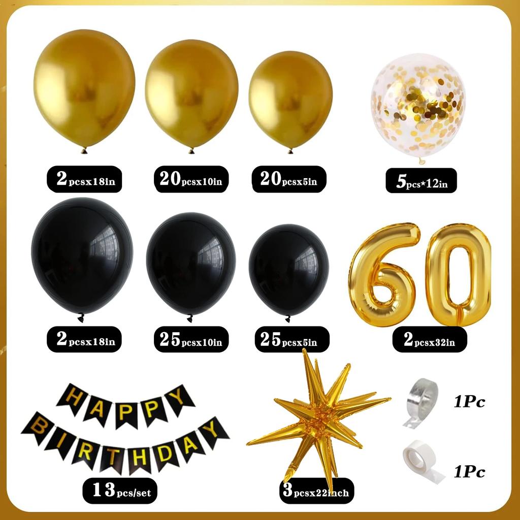 119 Stück 50. Geburtstagsdekoration für Männer & Frauen, Happy 60. Geburtstag Banner, Ballons Bogen-Set, Schwarz und Gold 40. Ballons Set