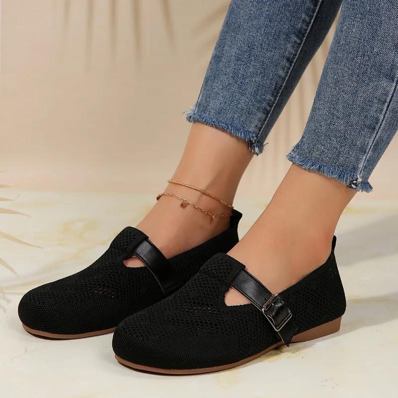 2024 Spring and Autumn Fashion Women's Shoes New Round Toe Solid Color Low Heel Mesh Breathable Buckle Women's Flat Shoes