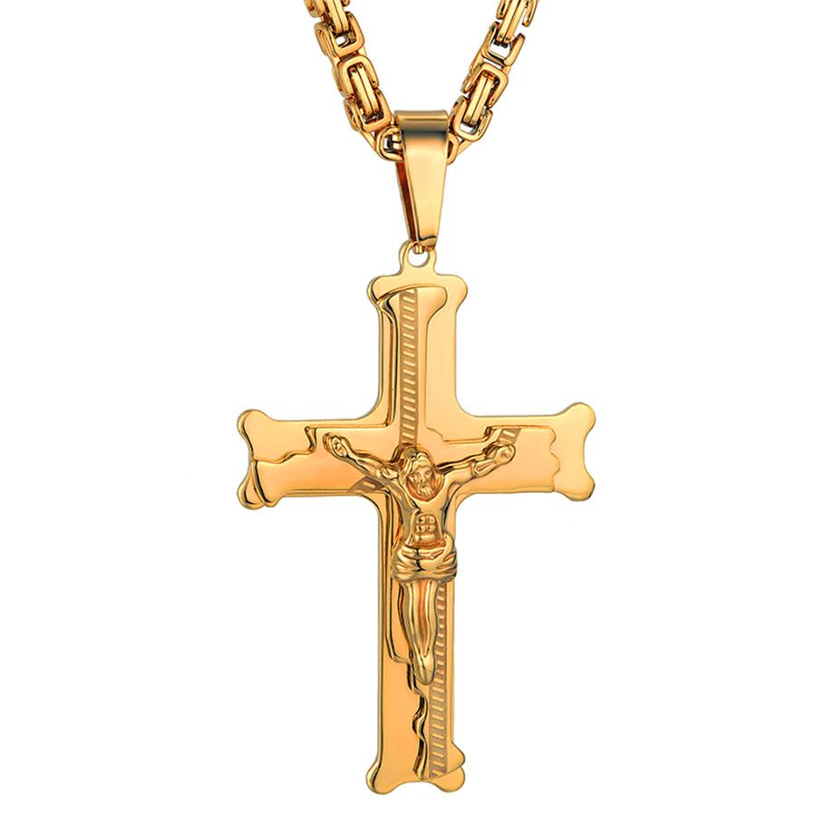 Stainless Steel Big Jesus Cross Pendant with Long Chain Men's Gold Color Crucifix Necklaces Male Religious Jewelry Dropshipping