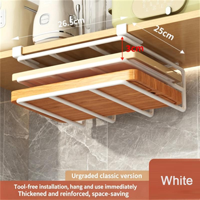 Kitchen Under Cabinet Hanging Organizer Rack with Hooks Multi-Purpose Holder for Paper Towel Cutting Board & Pot Lids
