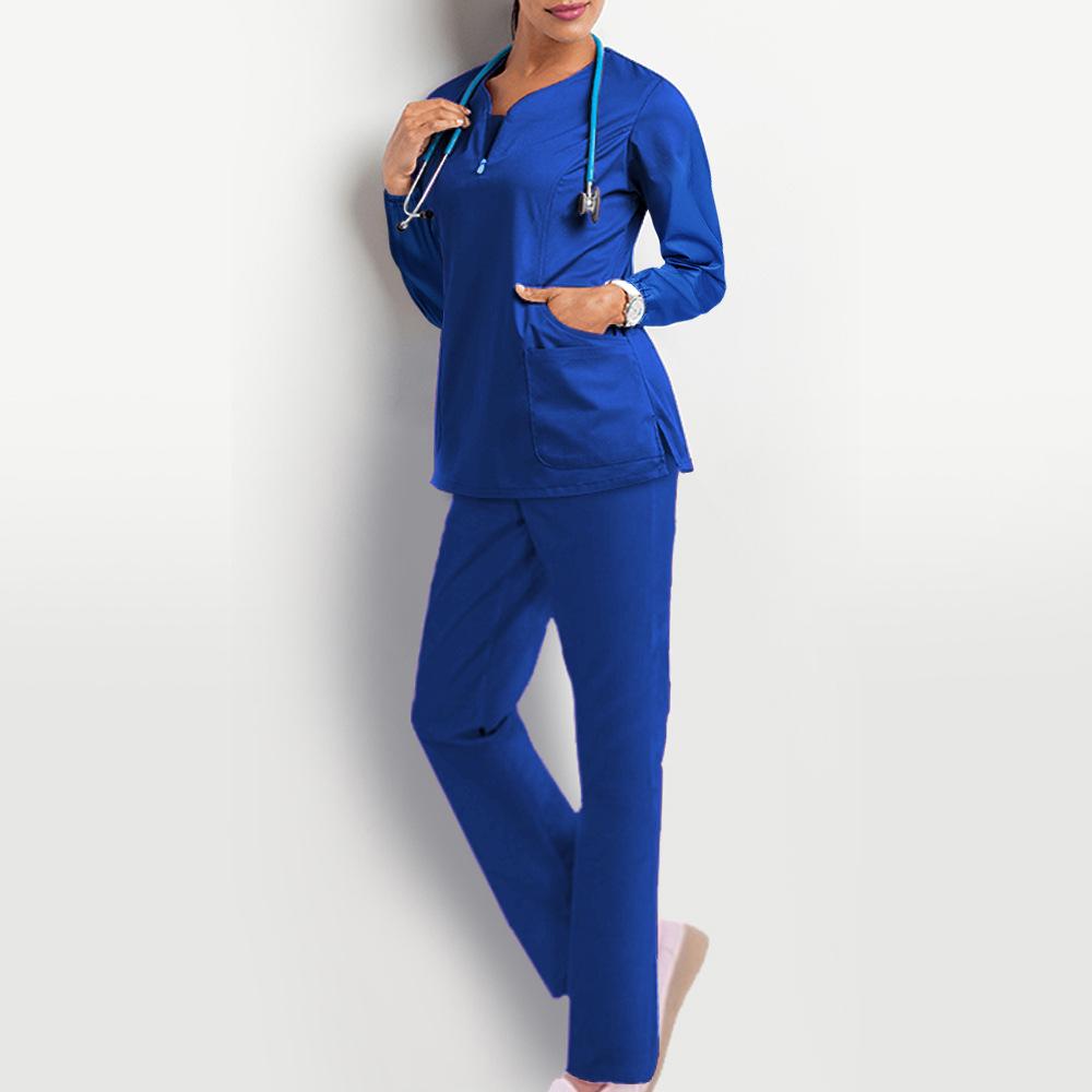 Unisex Hospital Workwear Long Sleeves Stretch Scrub Nurse Uniform V-neck With Pocket