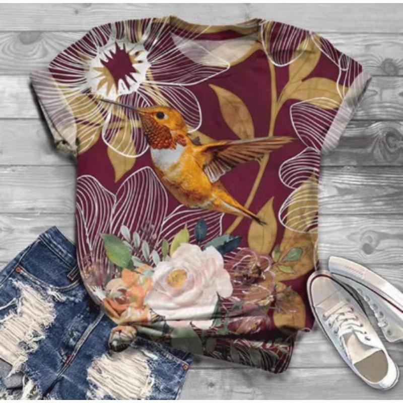 Summer Round Neck 3D Bird Print Top Fashionable Casual Short Sleeved Women's T-shirts