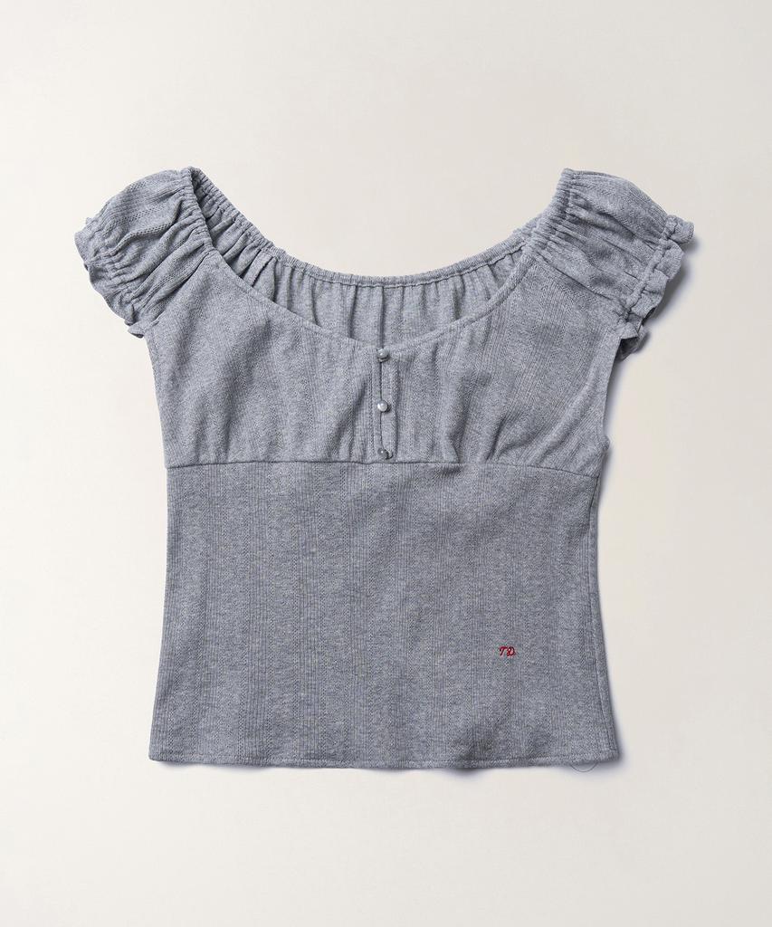 Tudument Eyelet Off-Shoulder T-Shirt_Melange Gray