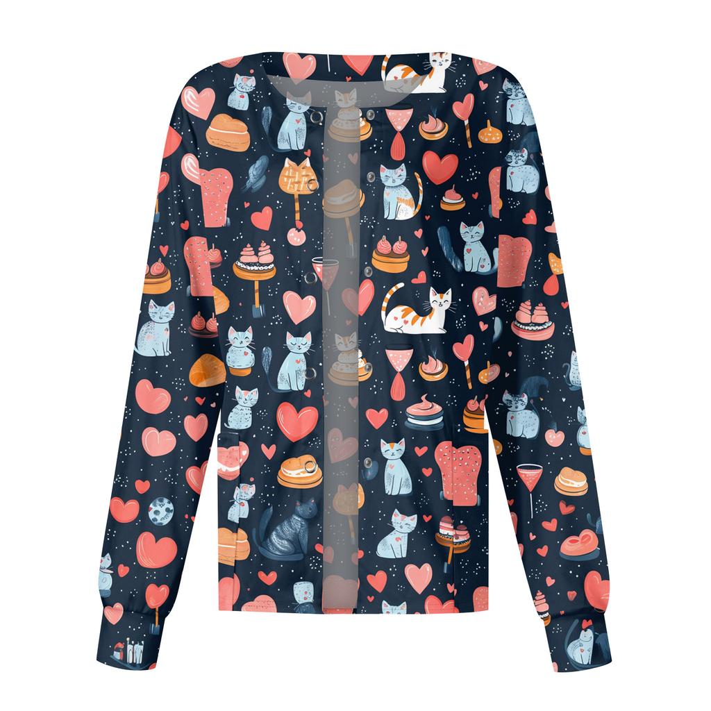 Jachetă Top Casual de Modă pentru Femei, cu Mâneci Lungi, Guler Înalt, cu Nasturi pe o Parte, Imprimeu Floral, pentru Îngrijitor