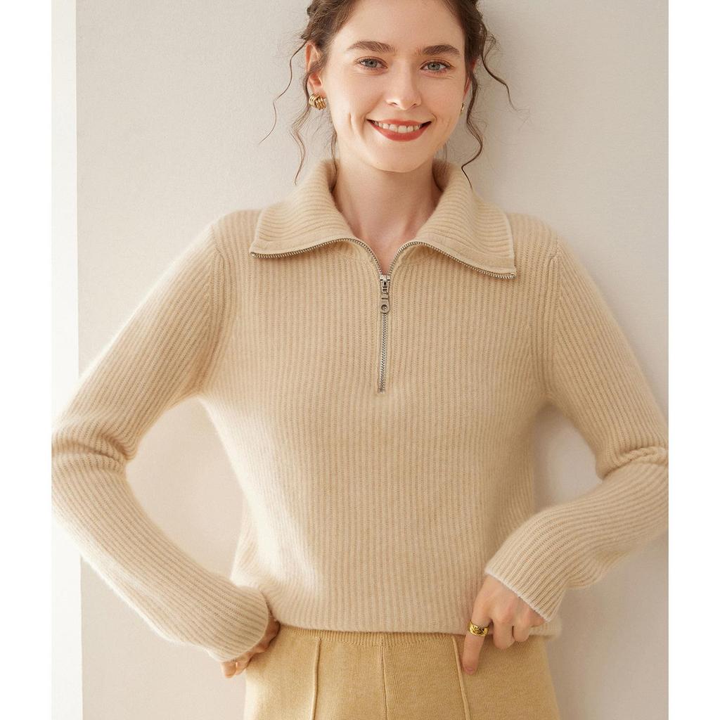 Women's Solid Cashmere Ribbed Half-Zip Sweater - Autumn/Winter