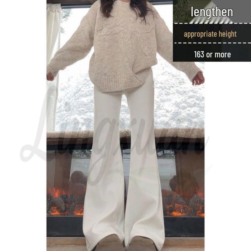 Korean Washed White Mid-Low Waist Loose Micro-Flare Jeans with Horse-Bit Detail M