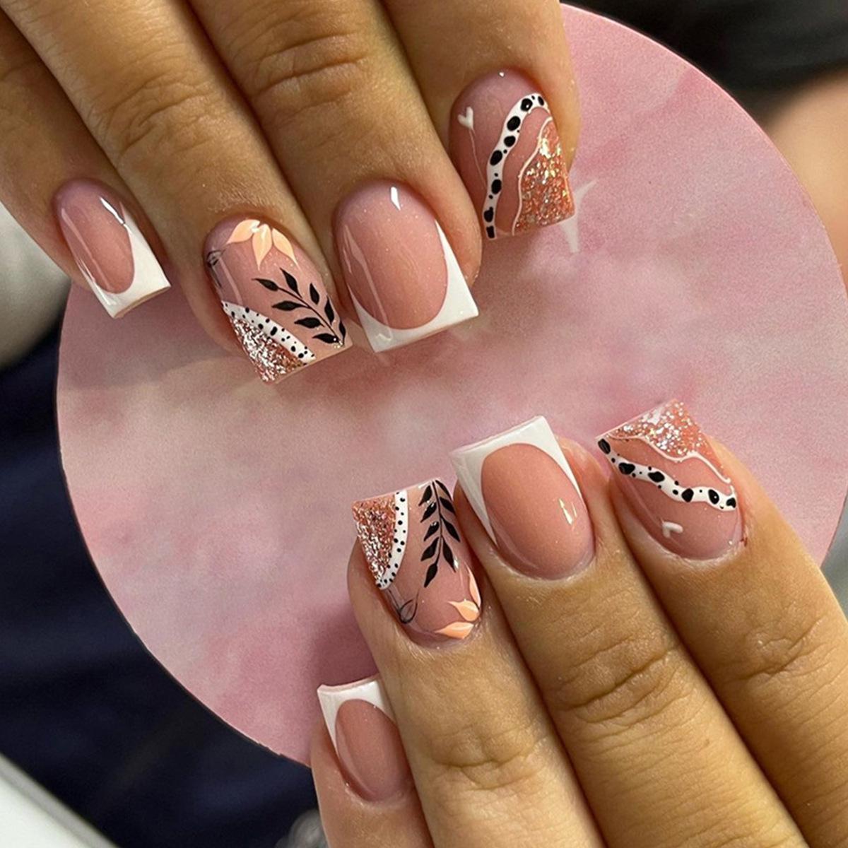 

French Glitter Leaf Nail Tips: European & American Style False Nails