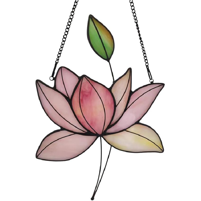 Stained Glass Lotus Flower Window Hanging Sun Catcher Holiday Decoration Window Panels Birthday Gifts for mom,Woman and Friends (Pink)