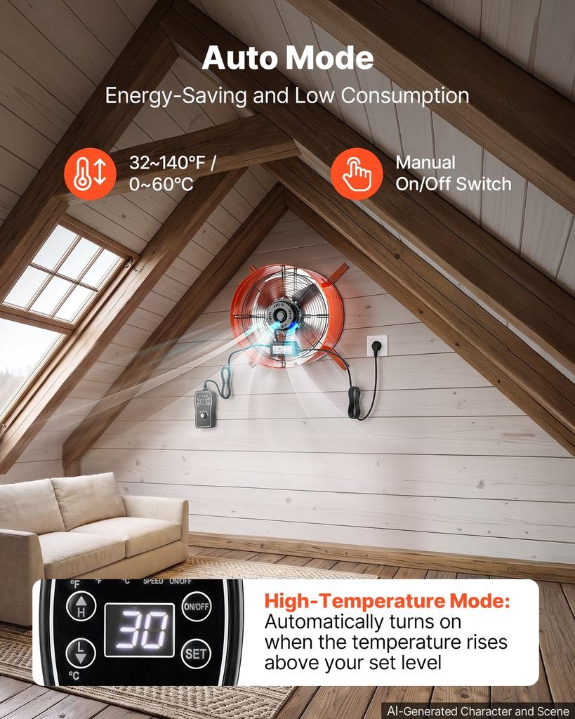Gable Mount Fan, 40.6 cm Attic Vent Exhaust Fan 1945 CFM Thermostat, Cooling and Ventilation for Home, Garage, Warehouse, Workshop, Carbon Steel